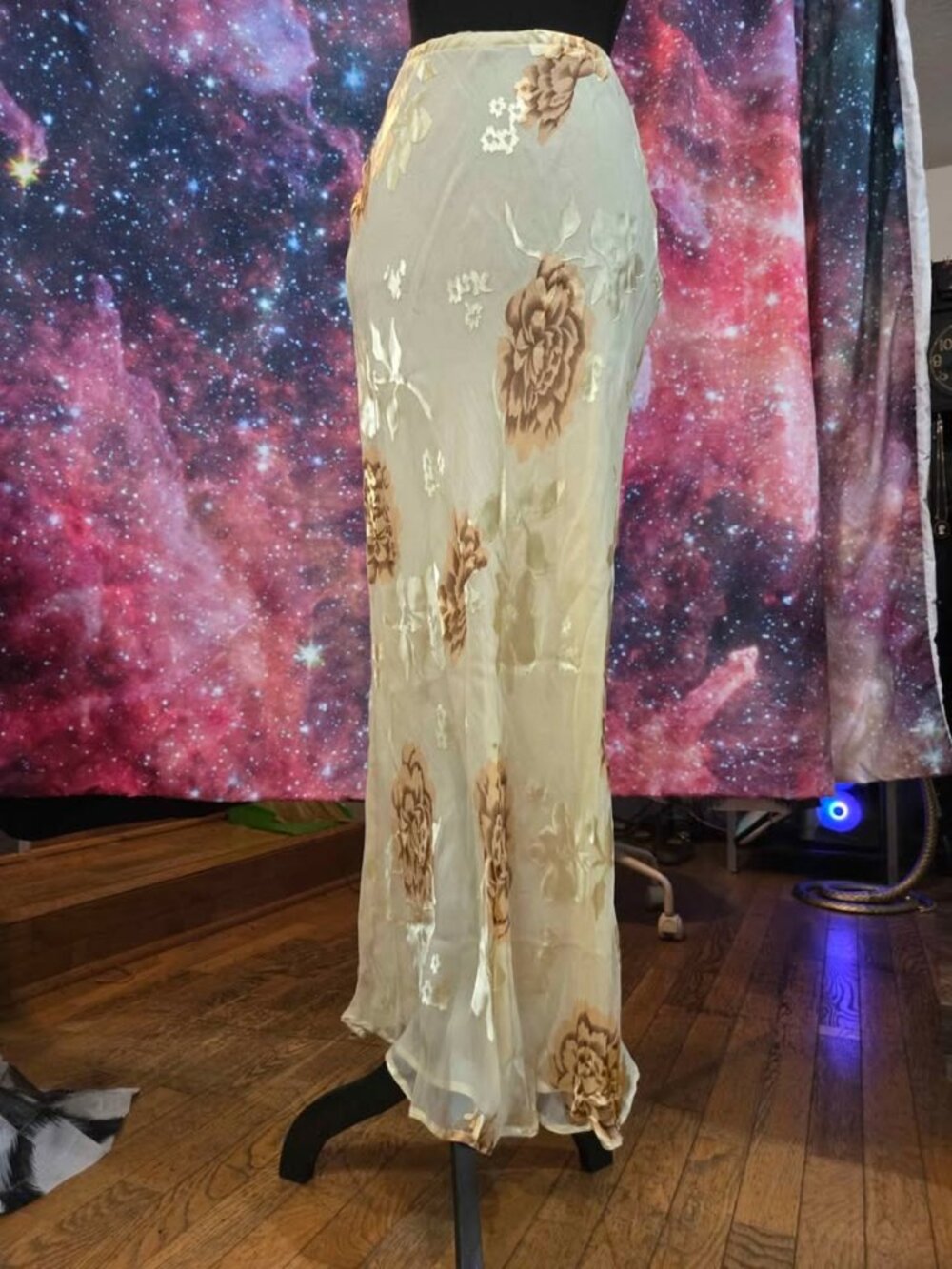 Aris A Silk Maxi Long Skirt Cream Ivory Floral Fairy Whimsy Boho Witchy
